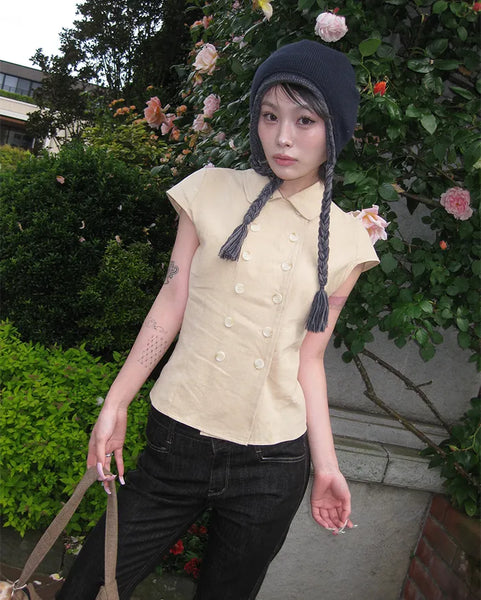Raglan cap sleeve double-button blouse