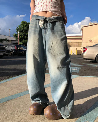 Strap Belt Washed Wide Denim Pants