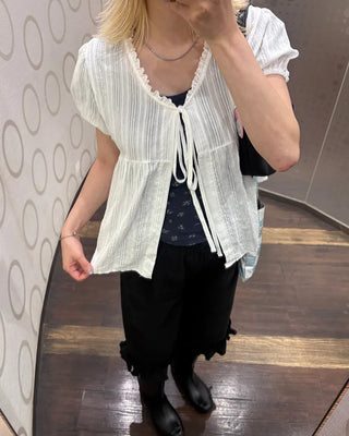 Striped front-open puff blouse