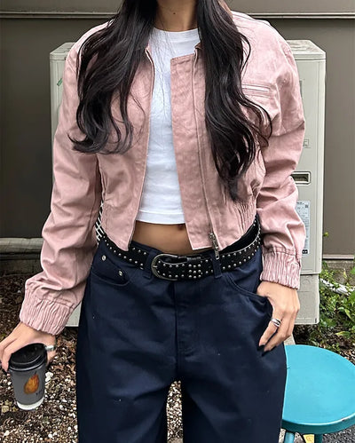 Slash pocket two-tone double-zip jacket