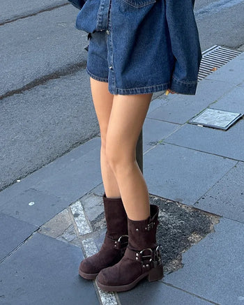 Double-belt round harness mid-calf boots
