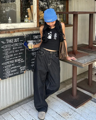 Back pocket stitch wide rigid denim pants