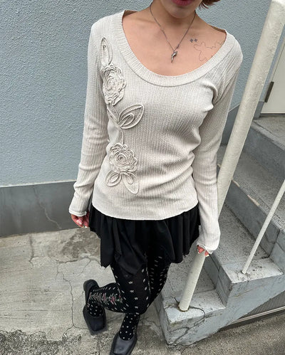 Glass Neck Flower Rib Pile Long T-Shirt