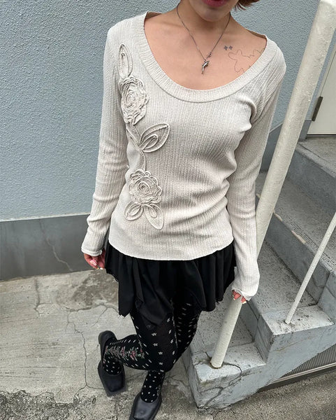 Glass Neck Flower Rib Pile Long T-Shirt