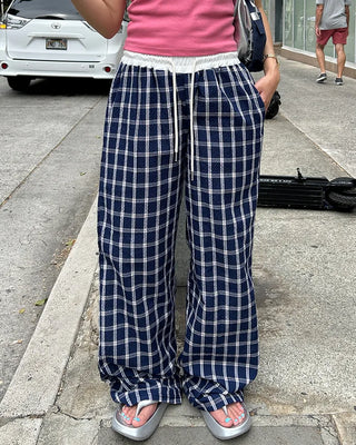 Waist two-tone check seersucker wide pants