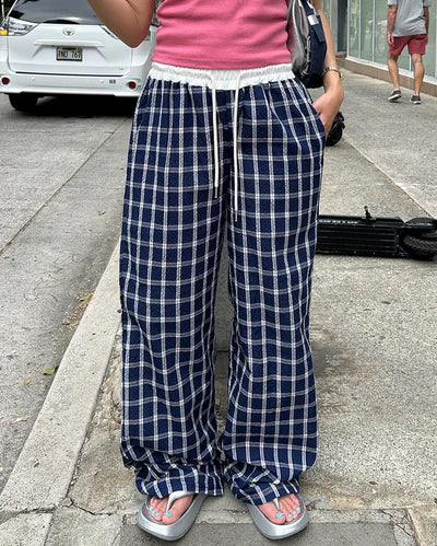 Waist two-tone check seersucker wide pants