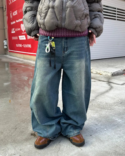 (Unisex) Center Seam Washed Balloon Denim Pants