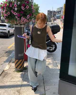 Double-pleated cotton wide-leg pants and belt set