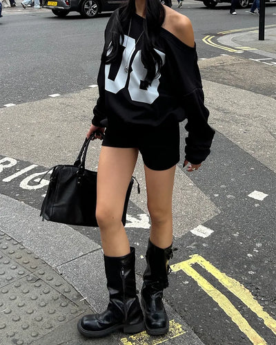 2-Way Shoulder Number Balloon Sleeve Sweatshirt