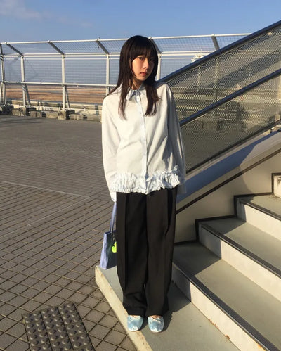 Two-pleat, center-creased wide-leg slacks