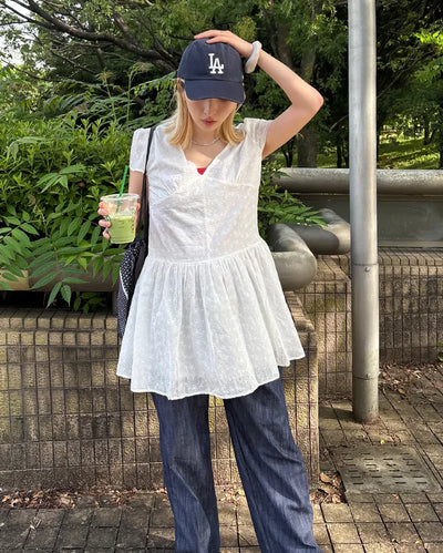 Flower Punching Cap Sleeve Peplum Tunic