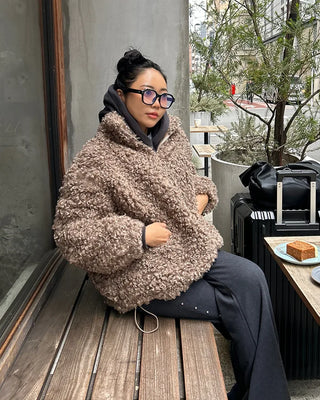 High-neck boa zip-up jacket