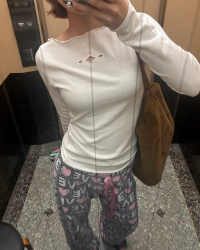 Triple Diamond Slit Slashed Neck Long T-Shirt