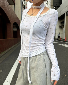 Tie-set lace jewel neck mini flower ribbed long T-shirt