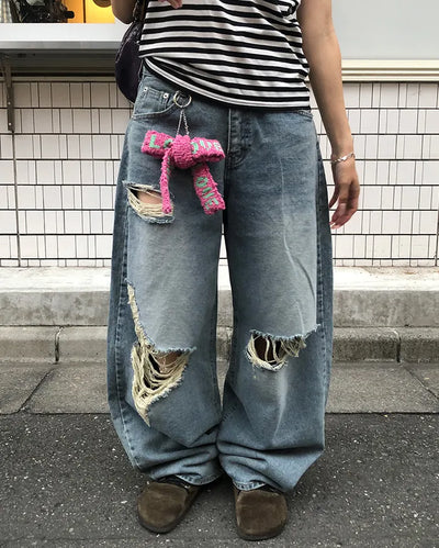 Three Vintage Distressed Wide Denim Pants