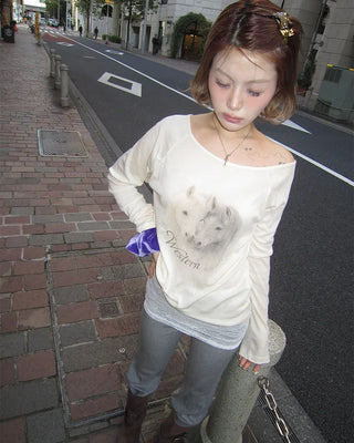 Double Horse Raglan Shoulder Long T-Shirt