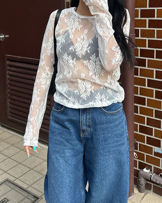 Tulle Flower See-Through Long T-Shirt