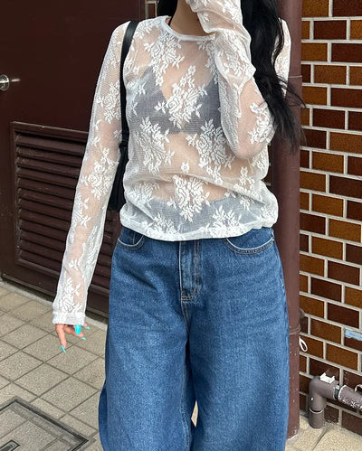 Tulle Flower See-Through Long T-Shirt