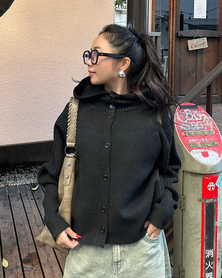 Ribbed Point High Neck Hooded Cardigan