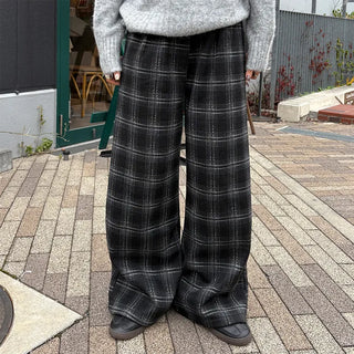 (Unisex) Fleece-lined checkered wide-leg pants