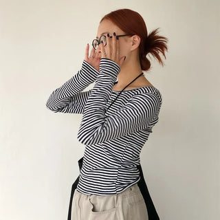 Striped U-neck long-sleeve T-shirt