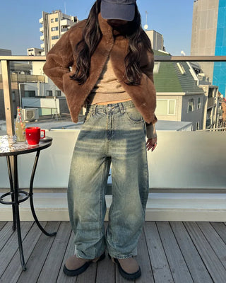 Whisker Wash Point Wide Denim Pants