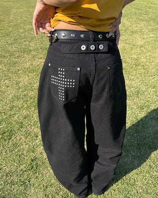 Cross-studded wide cotton pants with hip pockets