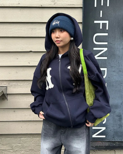 (Unisex) NY Unique Big Patch Zip-Up Hooded Parka