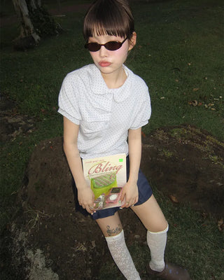 Round Collar Gathered Polo Neck Dot Puff T-Shirt