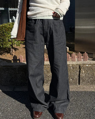 (Unisex) Pencil Stripe Wide Black Jeans