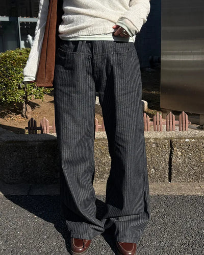 (Unisex) Pencil Stripe Wide Black Jeans