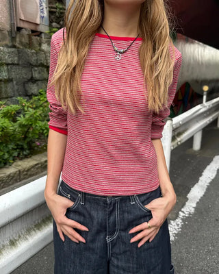 Border Slash Neck Cropped Sleeve T-Shirt