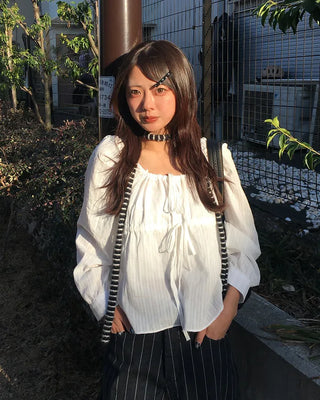 Square drawneck dobby stripe blouse