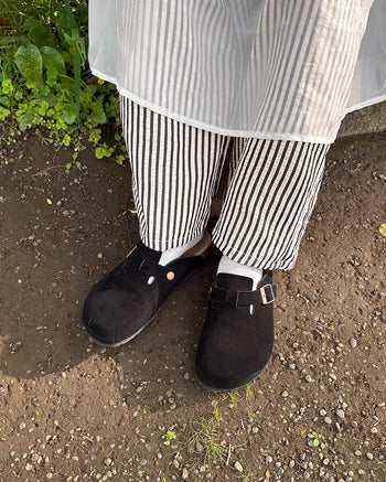 Belted suede clog sandals