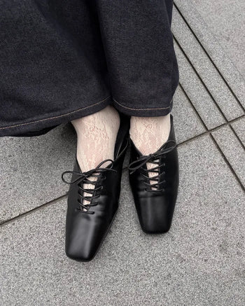 Lace-up square-toe leather flat mules