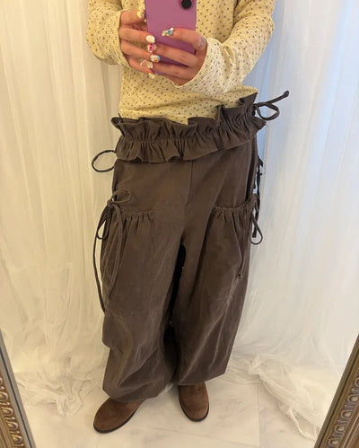 Gathered Belt Set Unique Pocket Peach Cotton Pants