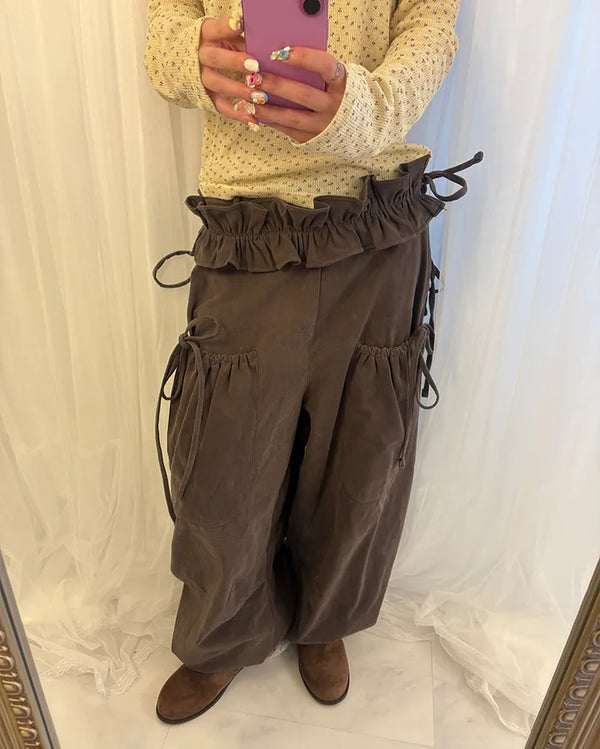 Gathered Belt Set Unique Pocket Peach Cotton Pants