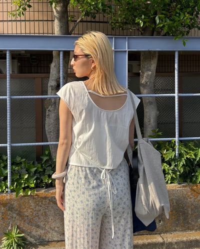 French Sleeve Open Back Wrinkle Blouse