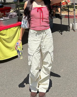 Ivory pleated cargo flare pants