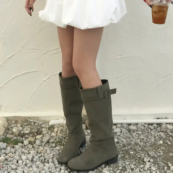 Belted suede long boots