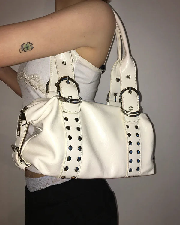 Double rivet belt leather tote bag