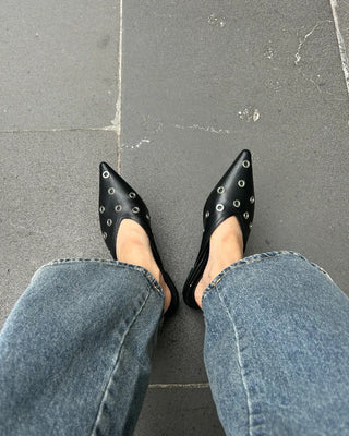 Eyelet pointed-toe mules