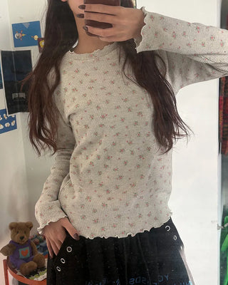Mini Flower Scallop Point Waffle Long T-Shirt