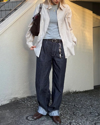 (Unisex) Two-pleat rigid denim pants