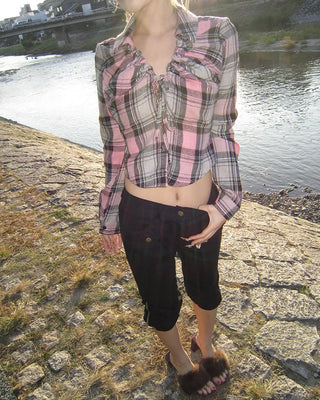 V-neck button-up check flannel blouse