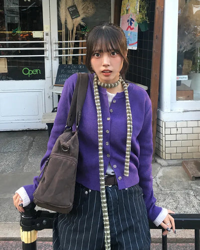 Round neck marble button basic cardigan