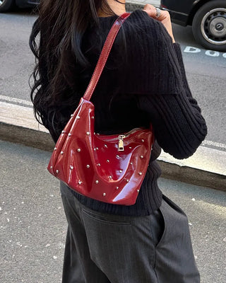 Round Studded Leather Zipper Bag