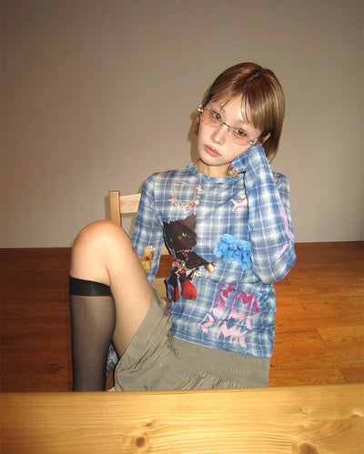Unique Print Tartan Check Long T-Shirt
