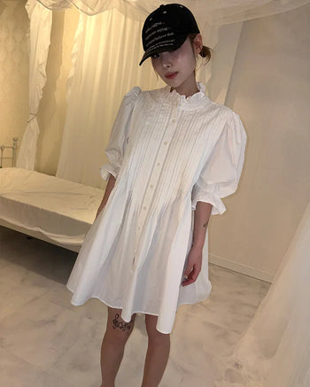 Frilled pintuck puff blouse mini dress