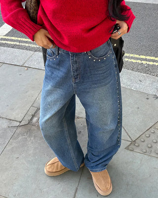 Outseam studded wide denim pants